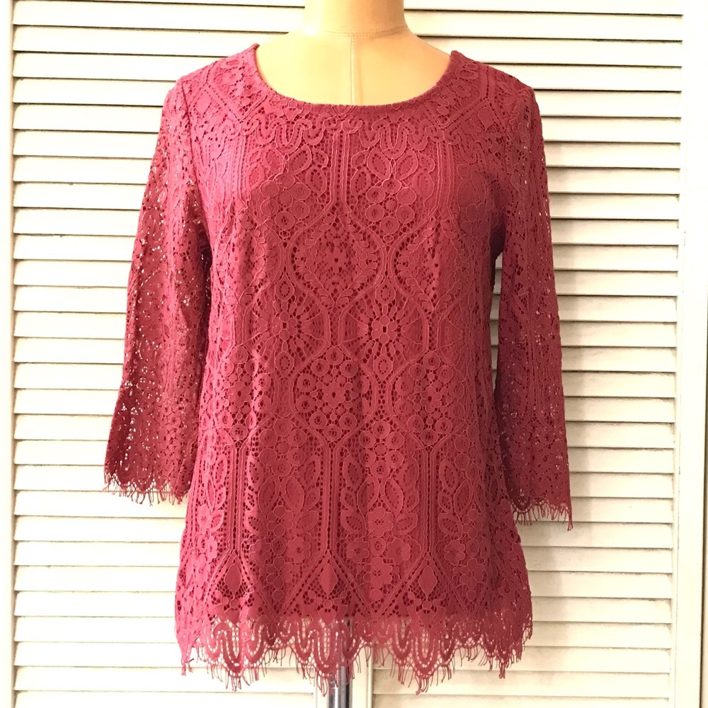 Three Pink Hearts Trixxi Womens Lace Blouse Top Small Garnet 3/4 Sleeve Party